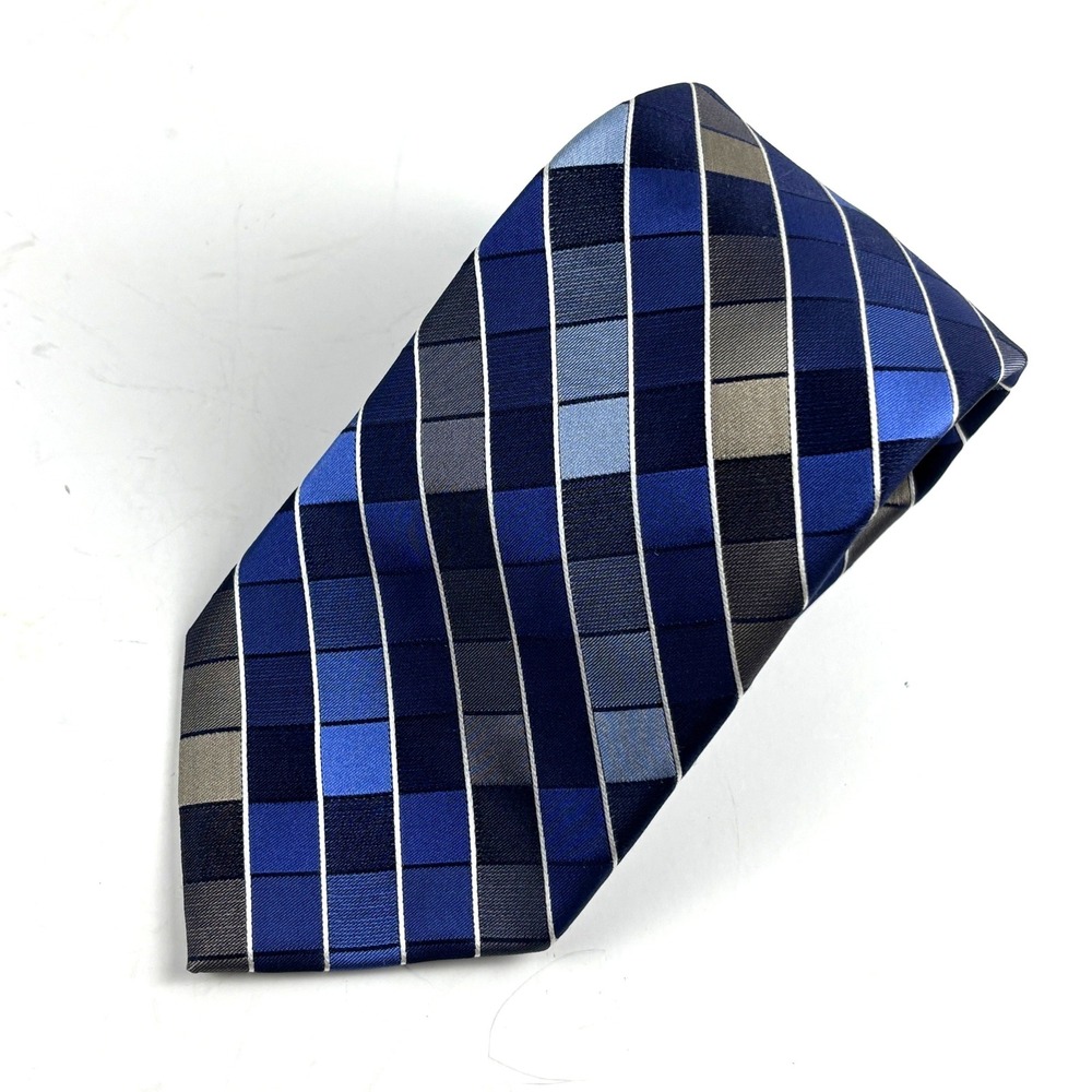Van Heusen Necktie Mens Extra Long 64 Inch Blue Plaid Silk Geometric Grid Preppy